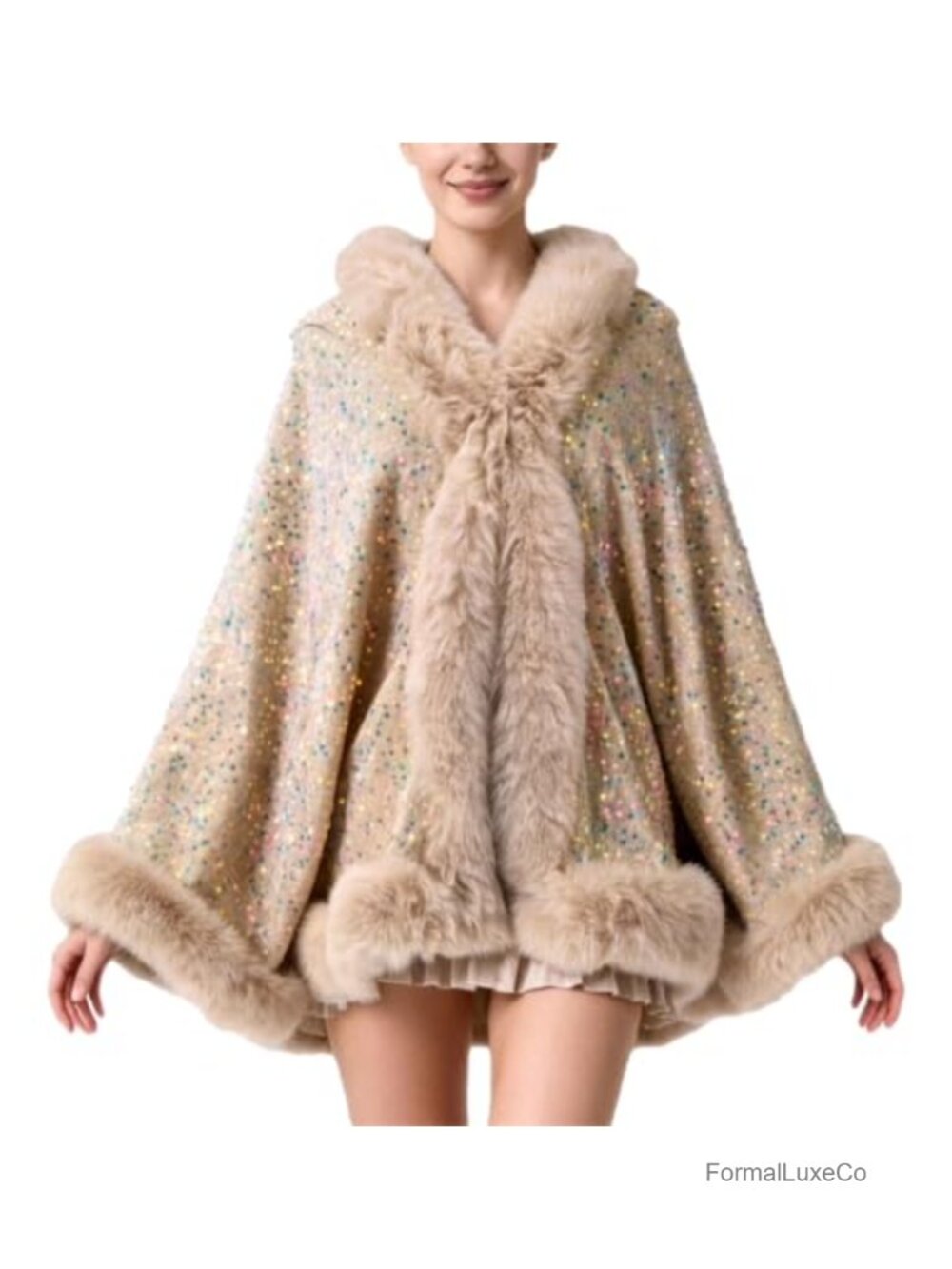 Faux Fur Shawl Wrap Open Front Poncho Cape Sequin Pashmina Winter Evening
